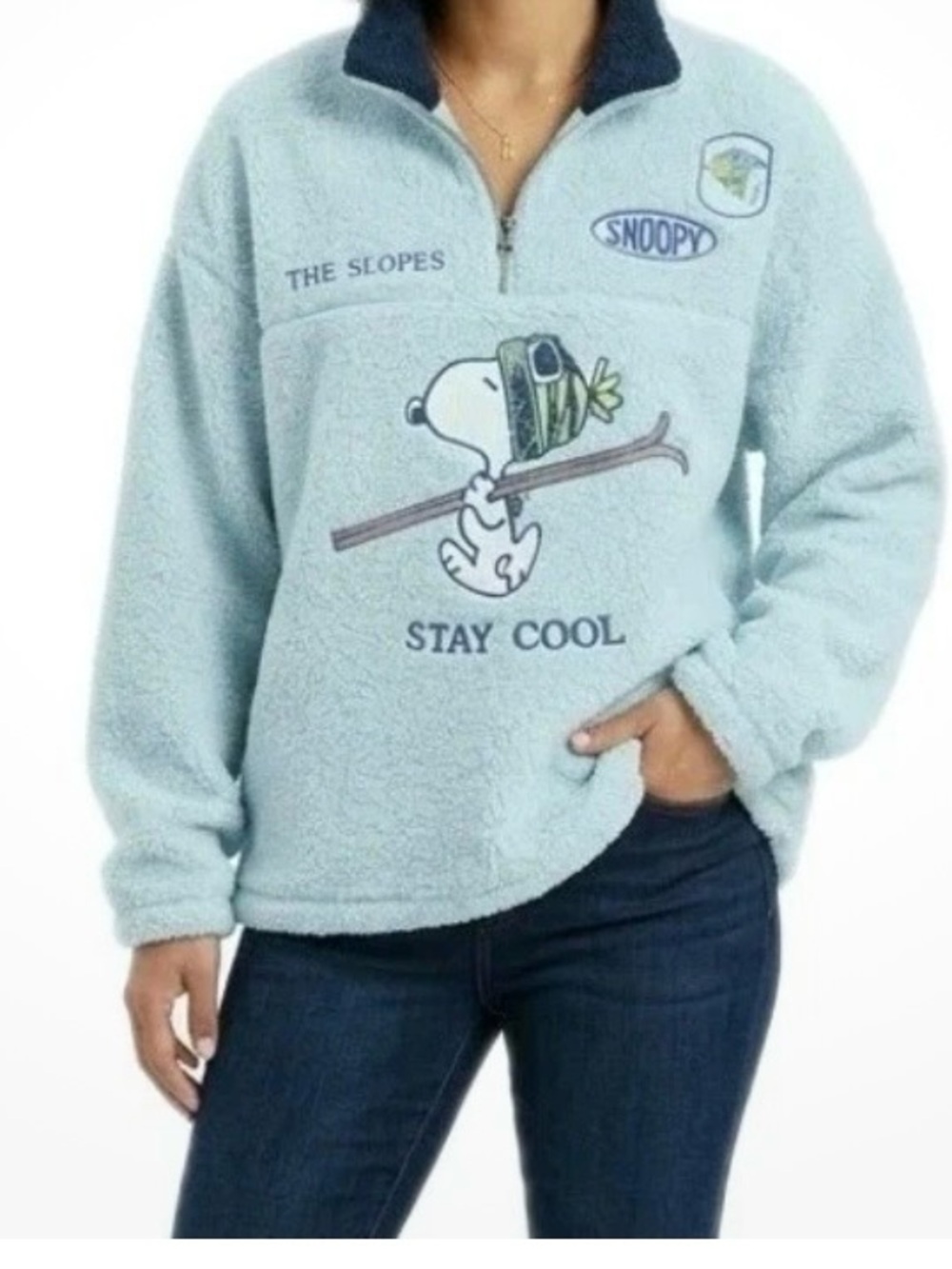 Peanuts Light Blue Sherpa Pullover with Snoopy Graphic